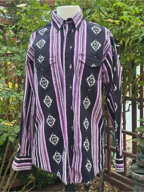 Vintage Western Black & Purple Striped Button-Up Shirt